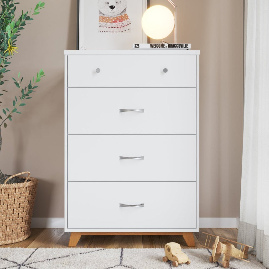four drawer dresser white 4 Dresser, Chest Of Drawers Without Handle, For Bedroom 100% Waterproof, Modern Wooden Cabinet With Sturdy Frame For Living Room, Assembly required. 4-Drawer Kids Dresser Wooden Nursery