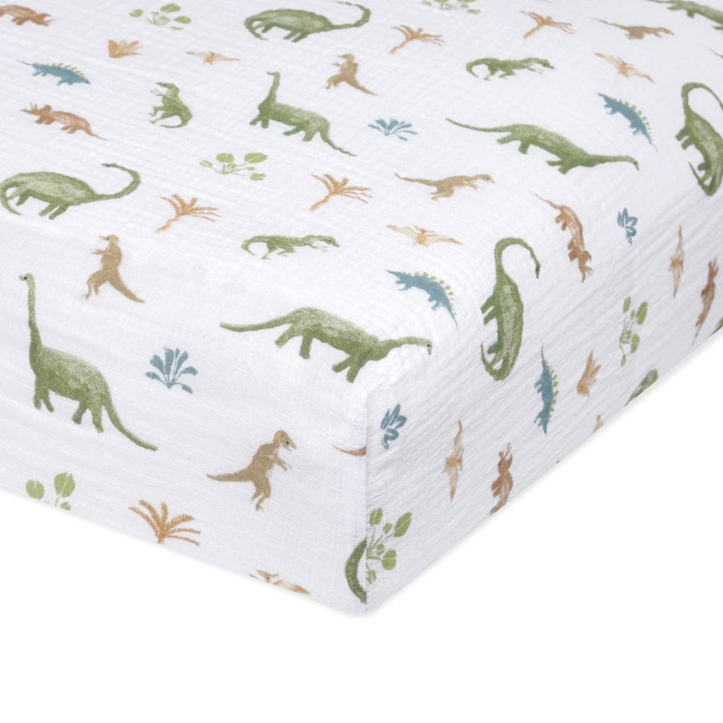 Dino Jungle Cotton Muslin Crib Sheet aden anais