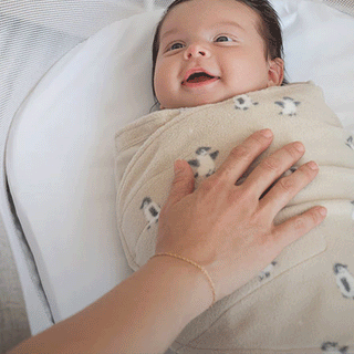 A gray and white baby bassinet on a tripod stand, with two patterned sleep sacks and a mattress pad arranged around it. A smiling baby is shown in a promotional image on the pads packaging.