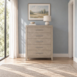 Kieran 5-Drawer Chest in Crescent Gray with a chevron pattern on the drawer fronts and slim silver handles.