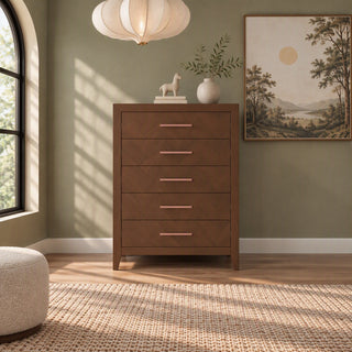 Child Craft Kieran 5-Drawer Chest in Toasted Chestnut featuring five drawers with thin horizontal metal handles.