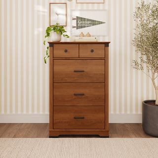 A Child Craft Redmond 4 Drawer Chest in Coach Cherry, featuring two small top drawers, three full-width bottom drawers, and dark hardware.