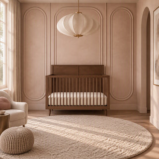 A Child Craft Surrey Hill 4-in-1 Convertible Crib in toasted chestnut with a slatted design and a mattress sits in a nursery featuring a round rug, an armchair, and a pendant light.