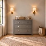 Child Craft Atwood 3-Drawer Dresser, Lunar Gray, with a woven basket of baby essentials and a stuffed bunny on top, positioned between two wall-mounted lamps.