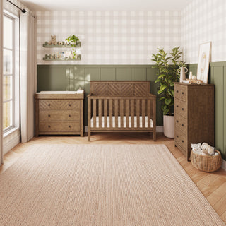Atwood 4-Drawer Chest in Cocoa Bean, a 4-drawer dresser featuring a dark wood finish and a herringbone pattern on the top drawer front, ideal for a modern nursery.