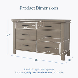 A gray, six-drawer Denman Double Dresser in Crescent Gray with dimension labels and overlays highlighting drawer sizes and the safety-interlocking mechanism.
