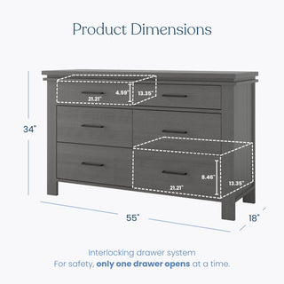 Child Craft Denman Double Dresser in Midnight Gray, a six-drawer nursery dresser with an interlocking safety system, measuring 34 inches high, 55 inches wide, and 18 inches deep.