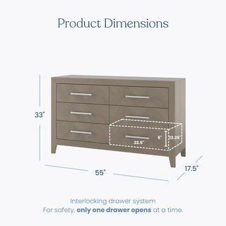 The Kieran 6-Drawer Double Dresser in Crescent Gray features six drawers and measures 55 inches wide, 33 inches high, and 17.5 inches deep, with an interlocking safety system that allows only one drawer to open at a time.