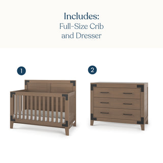A Lucas 2-Piece Nursery Set with Crib and Dresser featuring a wooden crib and three-drawer dresser with dark corner accents, perfect for a modern farmhouse nursery.