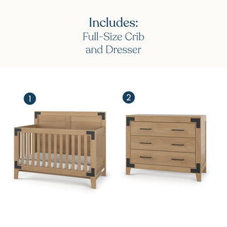 Lucas 2-Piece Nursery Set with Crib and Dresser, featuring a wooden crib labeled 1 and a three-drawer dresser labeled 2, with text at the top reading: Includes: Full-Size Crib and Dresser.