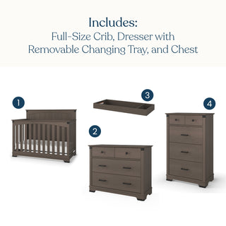 Redmond 4 Piece Nursery Set with Crib, Dresser with Changing Tray and Chest, featuring a crib, a dresser with a removable changing tray, and a chest, labeled with numbers one through four.