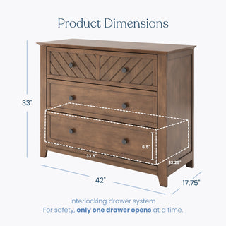 Cocoa Bean Child Craft Atwood 3-Drawer Dresser with dimensions labeled and a note explaining an interlocking drawer safety system.