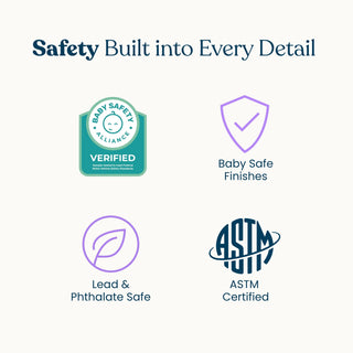 The Lucas Dresser, Nutmeg is a modern farmhouse dresser featuring icons for Baby Safety Alliance verified status, baby-safe finishes, lead and phthalate safety, and ASTM certification.