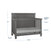 Midnight Gray Child Craft Denman 4-in-1 Convertible Crib with height, width, and depth labels, showing two mattress positions for newborn and toddler stages of the design.