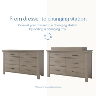 A six-drawer Crescent Gray Denman Double Dresser by Child Craft shown alone and with a changing tray attached.