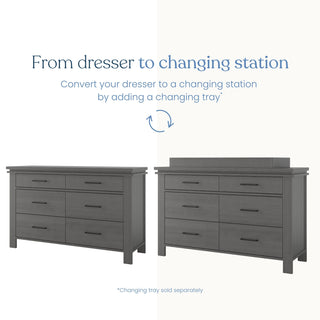 Side-by-side comparison of a gray six-drawer Child Craft Denman Double Dresser, Midnight Gray alone and with a changing tray attached, reading From dresser to changing station.
