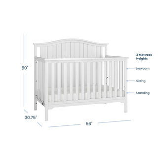 Matte white Child Craft Hampton Arch Top 4-in-1 Convertible Crib with an arched top, featuring labeled dimensions and three adjustable mattress height settings.