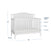 Matte white Child Craft Hampton Arch Top 4-in-1 Convertible Crib with an arched top, featuring labeled dimensions and three adjustable mattress height settings.