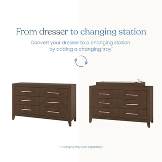 The Child Craft Kieran 6-Drawer Double Dresser in Toasted Chestnut shown as a standard unit on the left and with a changing tray added to the top on the right, under text explaining the conversion.