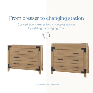 The Lucas Dresser, Nutmeg is a three-drawer shiplap dresser shown both individually and with an attached changing tray, accompanied by text explaining its conversion into a changing station.
