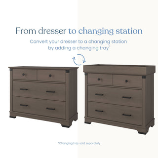 A Child Craft Redmond 3 Drawer Dresser in Dapper Gray shown before and after adding a changing tray, with text explaining it converts from a nursery dresser to a changing station.