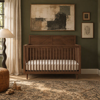 Child Craft Surrey Hill 4-in-1 Convertible Crib in Toasted Chestnut, featuring a paneled headboard and vertical spindles, resting on a patterned rug.