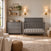 Child Craft Atwood 3-Drawer Dresser, Lunar Gray, positioned next to a matching gray crib with a chevron pattern on the headboard and a changing table topper.