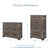 Two wood dressers from the Redmond 4 Piece Nursery Set with Crib, Dresser with Changing Tray and Chest are shown with dimension lines and text detailing the interlocking drawer system that allows only one drawer to open at a time.