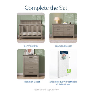Four nursery items labeled Complete the Set, including a Denman 4-in-1 Convertible Crib, Crescent Gray, a six-drawer dresser, a four-drawer chest, and a crib mattress in their original packaging.