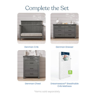 Four-panel display of pine wood nursery furniture featuring a Midnight Gray Denman 4-in-1 Convertible Crib, a wide six-drawer dresser, a tall four-drawer chest, and a packaged crib mattress.