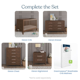 A nursery furniture grid featuring a crib, a Child Craft Kieran 6-Drawer Double Dresser in Toasted Chestnut, a five-drawer chest, a two-drawer nightstand, and a crib mattress.
