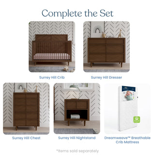 A collage of nursery furniture, including a Child Craft Surrey Hill 4-in-1 Convertible Crib in toasted chestnut, a six-drawer dresser, a tall chest, a one-drawer nightstand, and a crib mattress against a white chevron wall.
