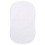 The HALO BassiNest® Fitted Sheet is oval-shaped, made from 100% soft cotton with a subtle dotted texture—gentle on delicate skin and shown on a plain white background.