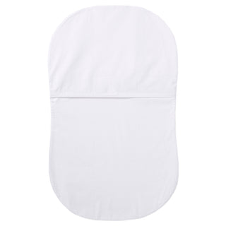 The HALO BassiNest® Fitted Sheet is made from 100% gentle cotton, featuring a white oval shape with a subtle dotted texture—ideal for delicate skin and shown on a plain white background.