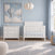 A white Child Craft Atwood 3-Drawer Dresser, Matte White, sits next to a matching white crib in a nursery.