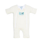 A cream Baby Merlins Magic Sleepsuit® 100% Cotton by HALO with long sleeves and legs, two front zippers, and a blue chest logo is displayed flat on a white background.