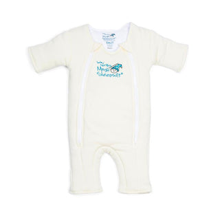 A cream Baby Merlins Magic Sleepsuit® 100% Cotton by HALO with long sleeves and legs, two front zippers, and a blue chest logo is displayed flat on a white background.