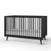 The Child Craft Cranbrook 4-in-1 Convertible Crib in Ebony is a modern black crib with vertical slats and angled legs, shown with a white mattress against a plain white background—stylish and versatile nursery furniture.