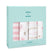 A turquoise aden + anais box contains four breathable, 100% cotton muslin swaddle blankets with pink and beige stripes, hearts, dots, and waves designs. A clear window on the front displays the folded swaddles inside.
