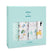 A box of aden + anais boutique 100% cotton muslin swaddles in light blue packaging showcases four printed swaddles through a window, featuring geometric patterns, animals, and whimsical designs. Each breathable, absorbent swaddle measures 47 x 47 (120cm x 120cm).
