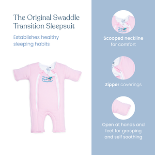 The HALO Baby Merlins Magic Sleepsuit® 100% Cotton in pink is shown, featuring a scooped neckline for comfort, zipper covers, and open hands and feet to aid grasping and self-soothing. Highlights healthy sleep habits for swaddle transition.