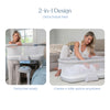Two images show a woman using the HALO BassiNest® Soothing Swivel Sleeper 3.0 Bassinet. In one, she detaches the nest; in the other, she places a baby in it on the floor. Text highlights its innovative 2-in-1 design.