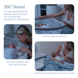 A mom cares for her baby in the HALO BassiNest® Soothing Swivel Sleeper 3.0 Bassinet, easily drawing it close to soothe and then swiveling it away—highlighting the convenient 360° swivel feature while she relaxes in bed.