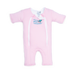 The HALO Baby Merlins Magic Sleepsuit® 100% Cotton in pink features short sleeves and legs, front zipper closures, and an embroidered Merlins Magic Sleepsuit logo with a cartoon character. Ideal for swaddle transition. Displayed on a white background.