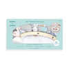 Image of an aden + anais baby activity gym in light blue packaging, featuring a handcrafted birchwood arch with hanging toys like a zebra and plush ball designed for sensory development, with product info and benefits listed.