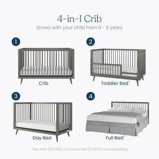 Diagram displaying the Child Craft Cranbrook 4-in-1 Convertible Crib in Lunar Gray, transitioning from crib to toddler bed, day bed, and full bed—versatile nursery furniture for ages 0–5. Each stage is clearly illustrated.