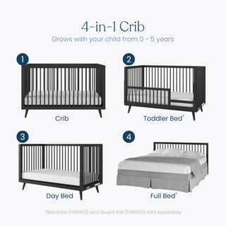 A graphic displays the Child Craft Cranbrook 4-in-1 Convertible Crib in Ebony as it transforms from crib to toddler bed (partial rail), day bed (no rails), and full bed—versatile nursery furniture for ages 0 to 5.