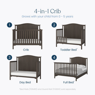 The Child Craft Hampton Arch Top 4-in-1 Convertible Crib in Dapper Grey converts from crib to toddler bed, day bed, and full bed (rails sold separately), with adjustable mattress support and pine wood construction.