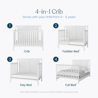 Diagram displaying the Child Craft Hampton Flat Top 4-in-1 Convertible Crib in matte white, made of pine, shown as crib, toddler bed, day bed, and full bed (1-4); note that some rails are sold separately.