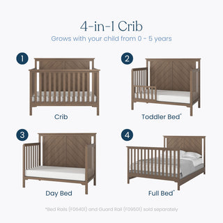 The Child Craft Hampton Flat Top 4-in-1 Convertible Crib in Dusty Heather converts from crib to toddler bed, daybed, and full bed, growing with your child (0–5 yrs). Made of solid pine; mattress support adjusts. Bed & guard rails sold separately.